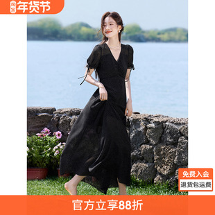 沫晗依美南法假日长裙2025夏季新款连衣裙肌理黑白波点收腰连衣裙