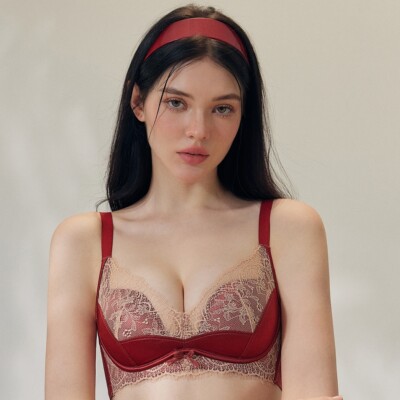 本命年内衣套装红色文胸内裤女新年结婚送礼小胸聚拢高端缎面蕾丝