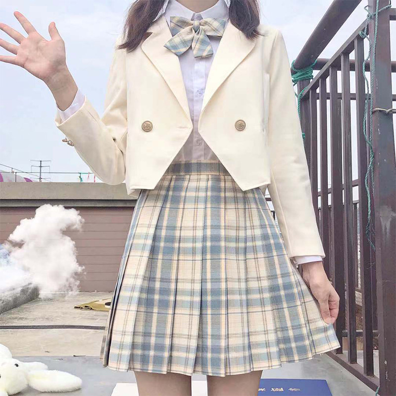 柠檬海盐jk制服西装套装女原创正版学院风短款格裙长袖西服三件套