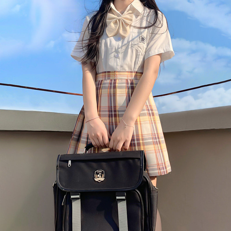 原创jk制服套装cos山吹格裙正版日系校供高腰百褶裙少女三件套秋