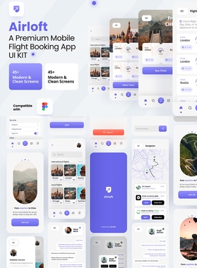 45页航班预订，机票订购app UI资源素材figma源文件