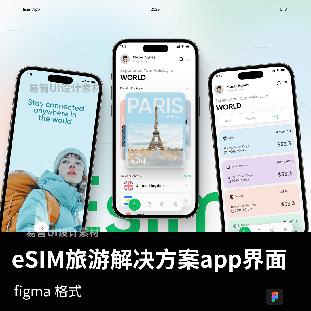 明暗共50页eSIM旅游解决方案app界面设计figma源文件
