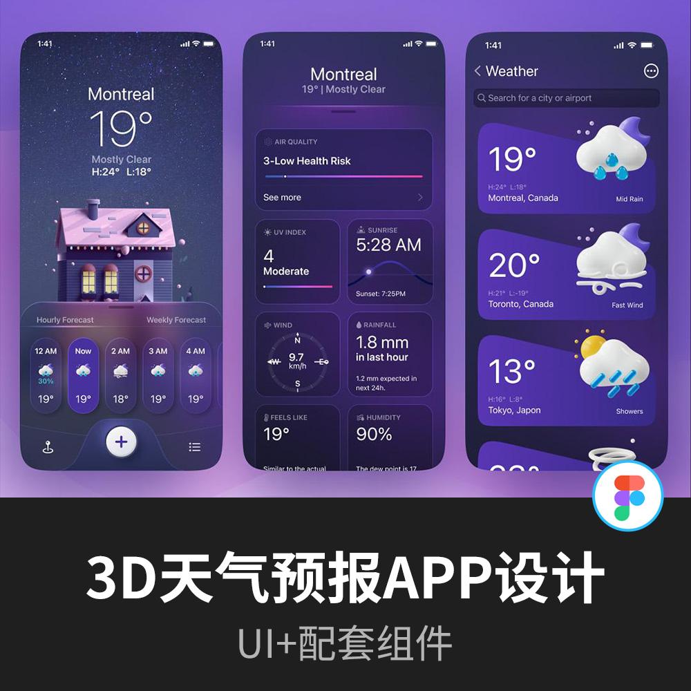 3页3D天气预报APP设计 | UI设计Figma源文件