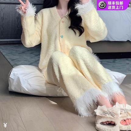 珊瑚绒清纯睡衣女秋冬季加绒加厚2025年新款可外穿冬天家居服套装