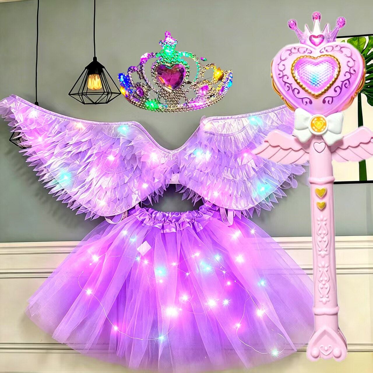 发光天使翅膀小女孩蝴蝶背饰闪光玩具奇妙仙子魔法棒花仙子四件套