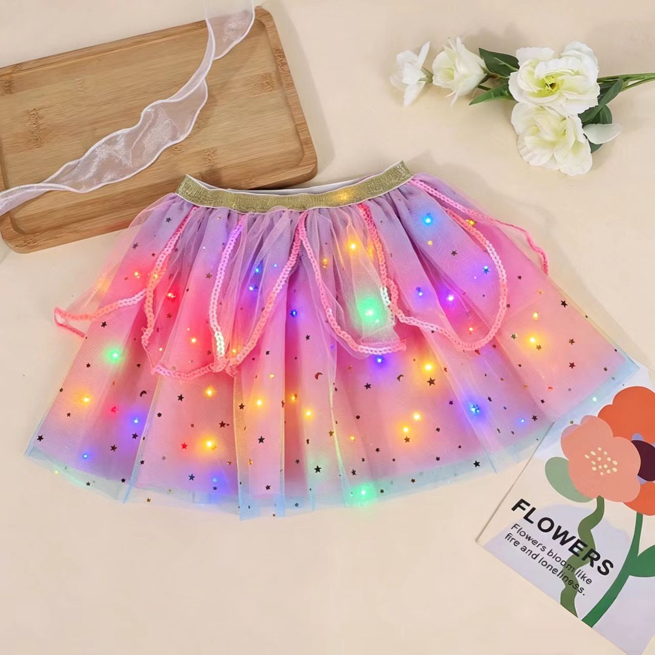 儿童半身tutu裙女童渐变星星网纱短裙小女孩表演服亮灯公主蓬蓬裙
