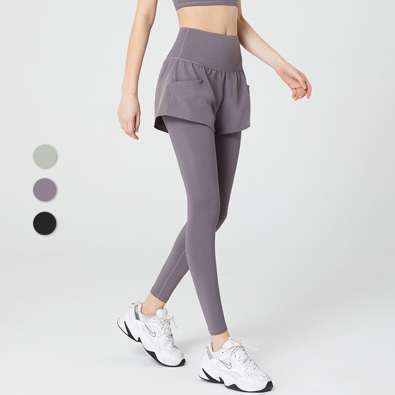 假两件瑜伽裤大码健身裤女速干春秋长裤高腰提臀紧身跑步裤运动裤