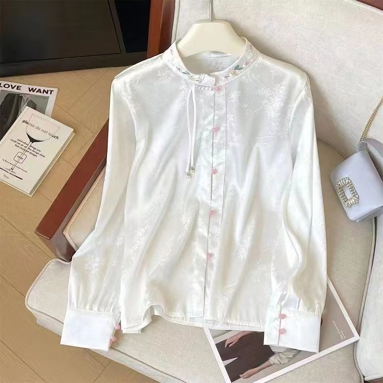 清仓捡漏新中式国风雪纺缎面衬衫打底衫女士装春秋新款长袖上衣