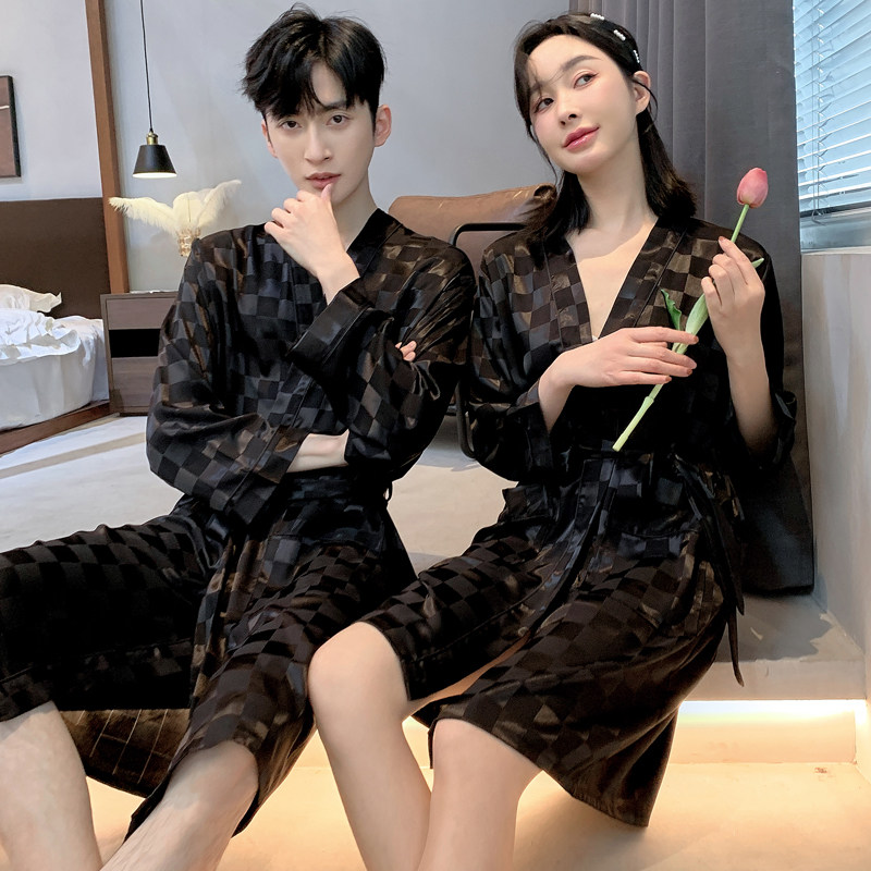 SPRING AND AUTUMN COUPLES BATHROBES SUMMER ICE SILK LONG SLEEVES CHECKERED JAPANESE MORNING ROBES MENS DRESSING GOWNS WOMENS THIN SEXY PAJAMAS