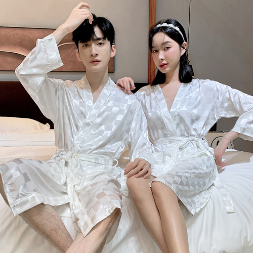 白色方格睡衣情侣春秋款性感浴袍女睡裙冰丝睡袍长袖男薄丝绸夏季