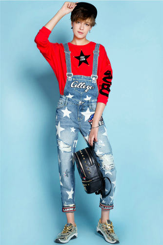 特价清仓拉拉波波星星破洞男友风背带裤牛仔长裤女|L91C-WSSN11