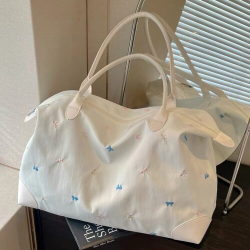 百搭蝴蝶结刺绣出行包大容量短途手提行李袋休闲简约便携收纳大包