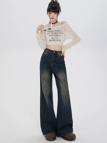 Ретро мегафон, демисезонные джинсы, утепленные штаны, приталенные леггинсы, в американском стиле, высокая талия, свободный крой