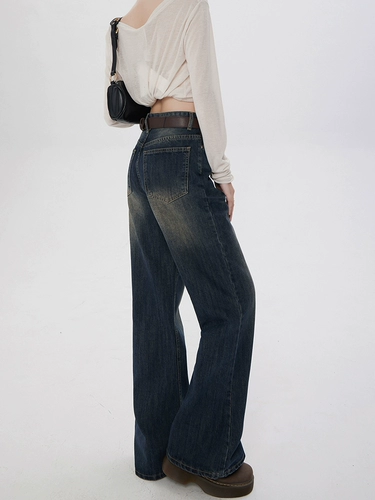 Ретро мегафон, демисезонные джинсы, утепленные штаны, приталенные леггинсы, в американском стиле, высокая талия, свободный крой