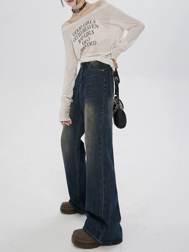 Ретро мегафон, демисезонные джинсы, утепленные штаны, приталенные леггинсы, в американском стиле, высокая талия, свободный крой