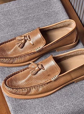 帕达索男鞋新款透气乐福鞋流苏真皮复古一脚蹬鞋休闲皮鞋潮240632