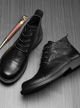 帕达索男士高帮皮靴圆头舒适真皮马丁靴百搭英伦切尔西短靴221121