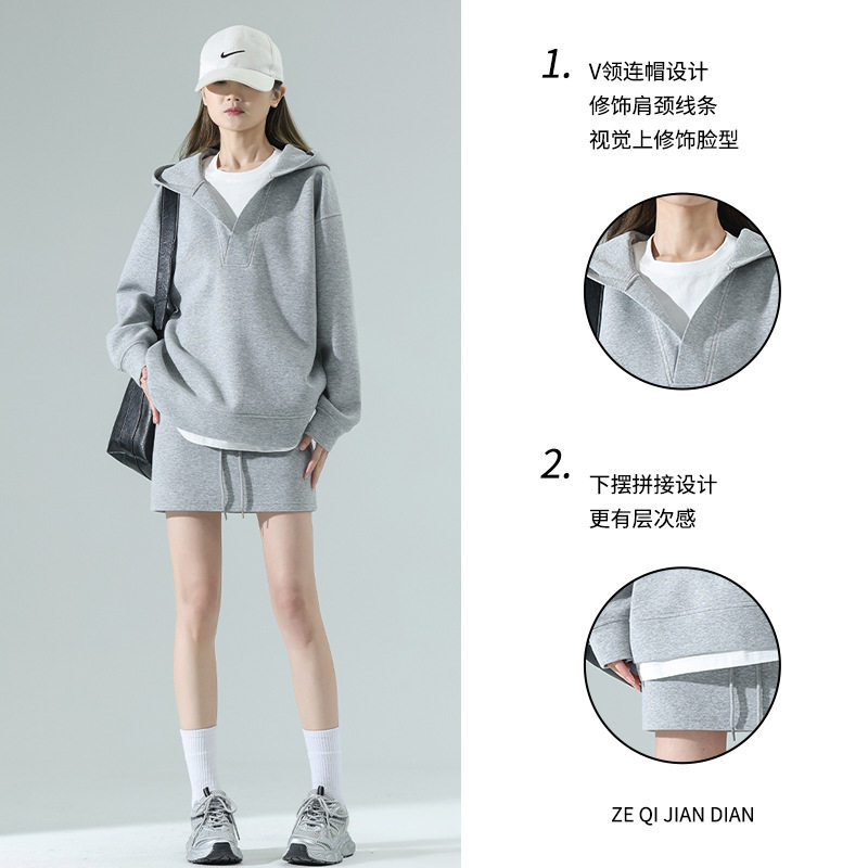 一整套假两件连帽卫衣运动裙套装