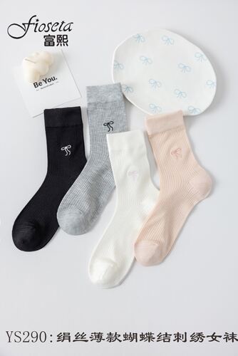 包邮正品富熙fioseta春夏新品YS290绢丝薄款蝴蝶结刺绣女袜子中筒