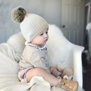 婴儿帽子秋冬0 9岁INS儿童兔绒毛球帽保暖护耳新生儿宝宝针织春