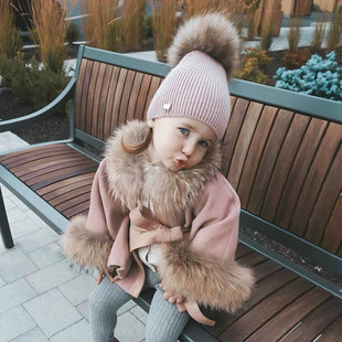 秋冬儿童针织毛线帽女宝宝帽子围巾ins 婴幼儿可爱潮萌真貉子毛球