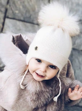 宝宝帽子3-12个月秋冬ins兔绒毛球婴儿帽子1-4岁儿童针织帽潮可爱