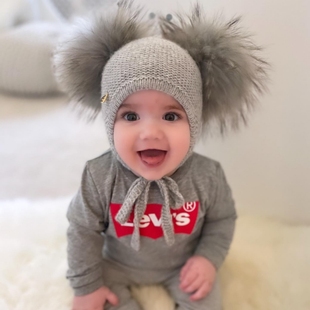 婴儿帽子冬季 潮洋气儿童毛线针织帽 女宝宝可爱大毛球帽护耳秋冬款