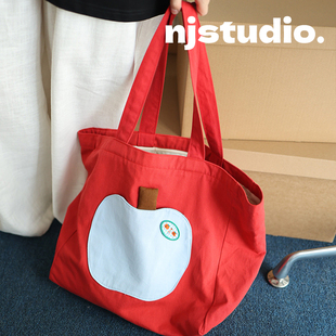 设计师原创小众红色休闲帆布包女大容量通勤装书带拉链托特包夏天
