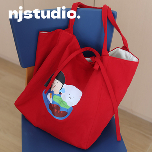 原创可爱托特包小众设计师帆布包女款大容量红色通勤小个子单肩包