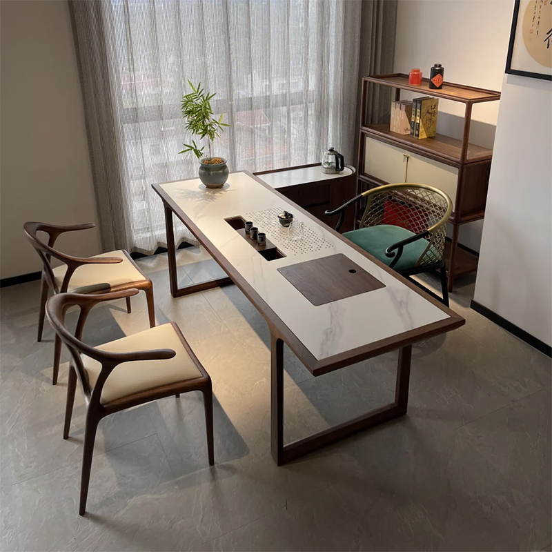 新中式实木茶桌椅组合黑胡桃木岩板泡茶台办公室家用茶台家具定制