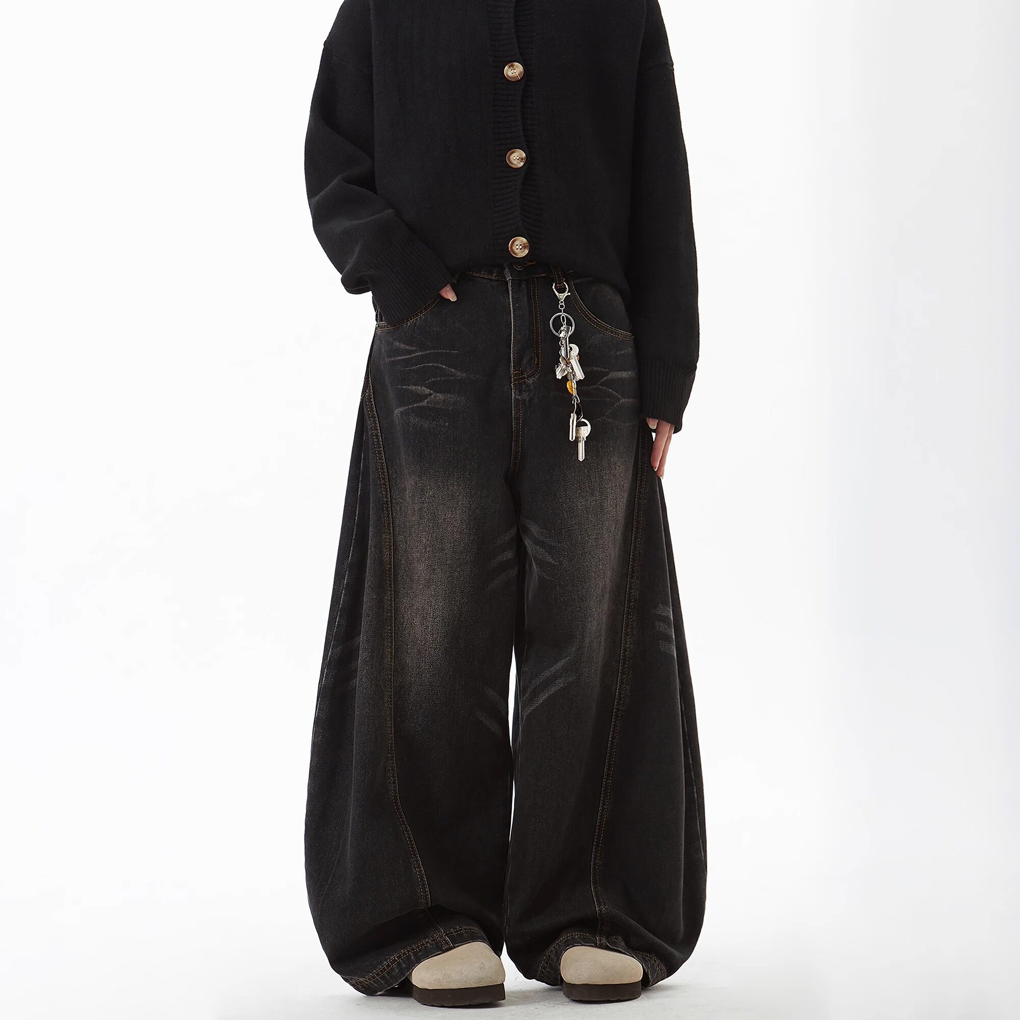 thumbnail for American vintage whisker washed black scimitar jeans men's and women's loose wide leg drape distressed mop long pants