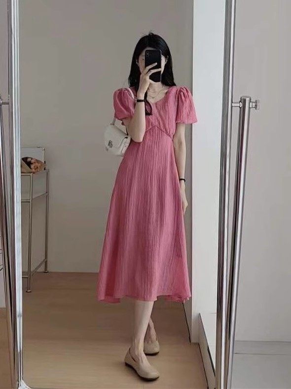 kashading定制温柔风粉色泡泡袖连衣裙收腰显瘦v领绝美长裙子夏