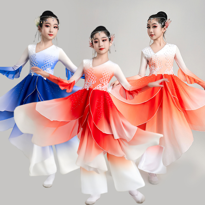 儿童演出服古典桃李杯剧目灵鳞同款扇子舞女童艺考表演红鳞舞蹈服
