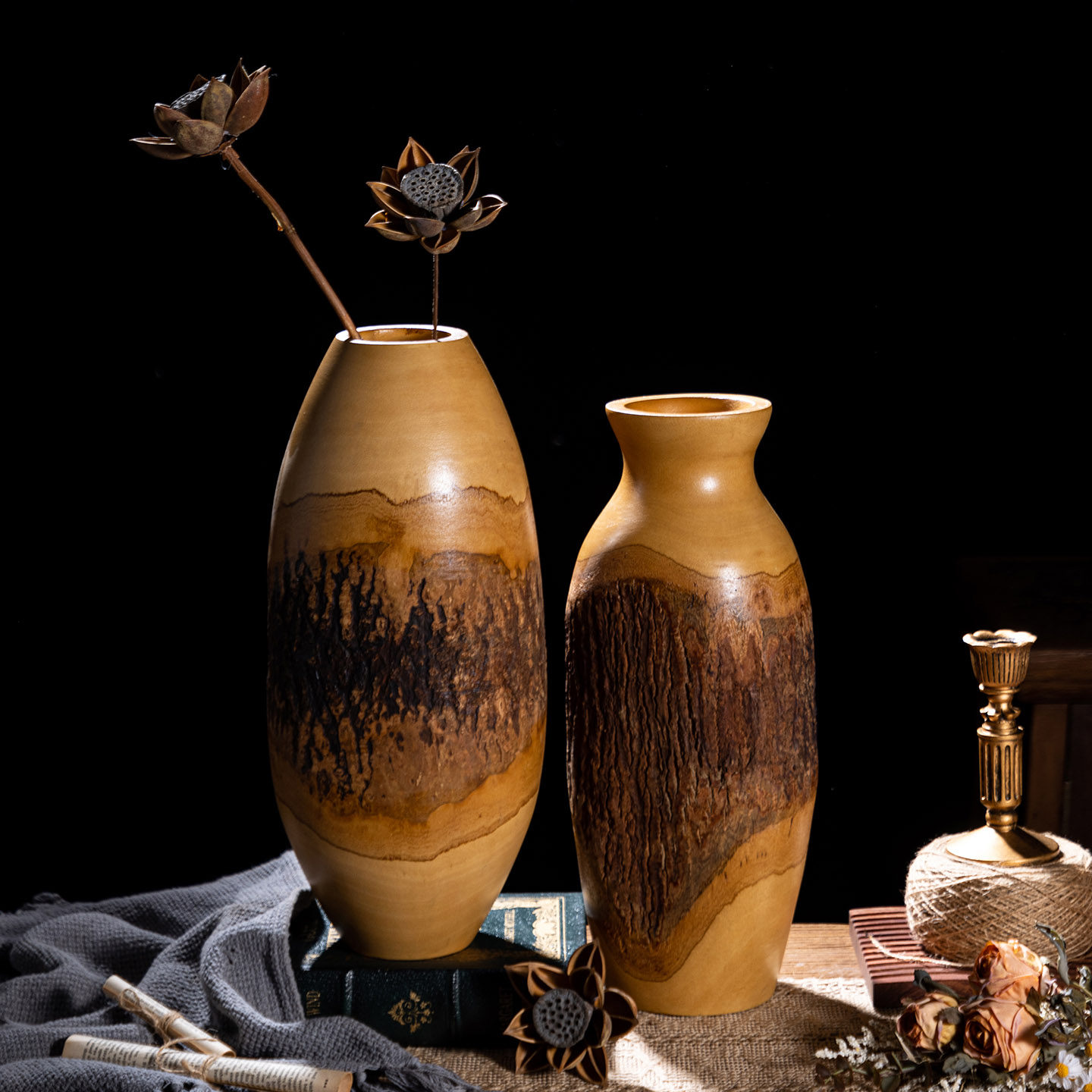 泰国实木花瓶树皮雕刻干花瓶家居客厅餐桌插花花器皿复古装饰摆件