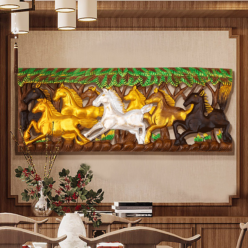 泰国骏马雕花板新古典八骏图柚木木雕挂画玄关客厅马到成功装饰画