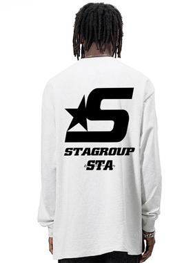 STA2025新款美式嘻哈式排版S星宽松男女情侣打底上衣圆领长袖T恤