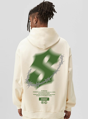STA潮牌幻影S荆棘印花秋冬美式加绒连帽卫衣宽松休闲重磅套头外套