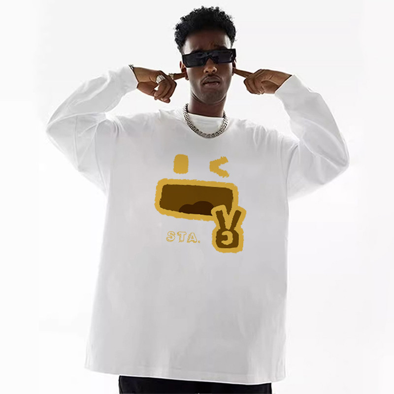 STA春季潮牌卡通印花长袖T恤男女宽松落肩袖百搭情侣纯棉休闲上衣