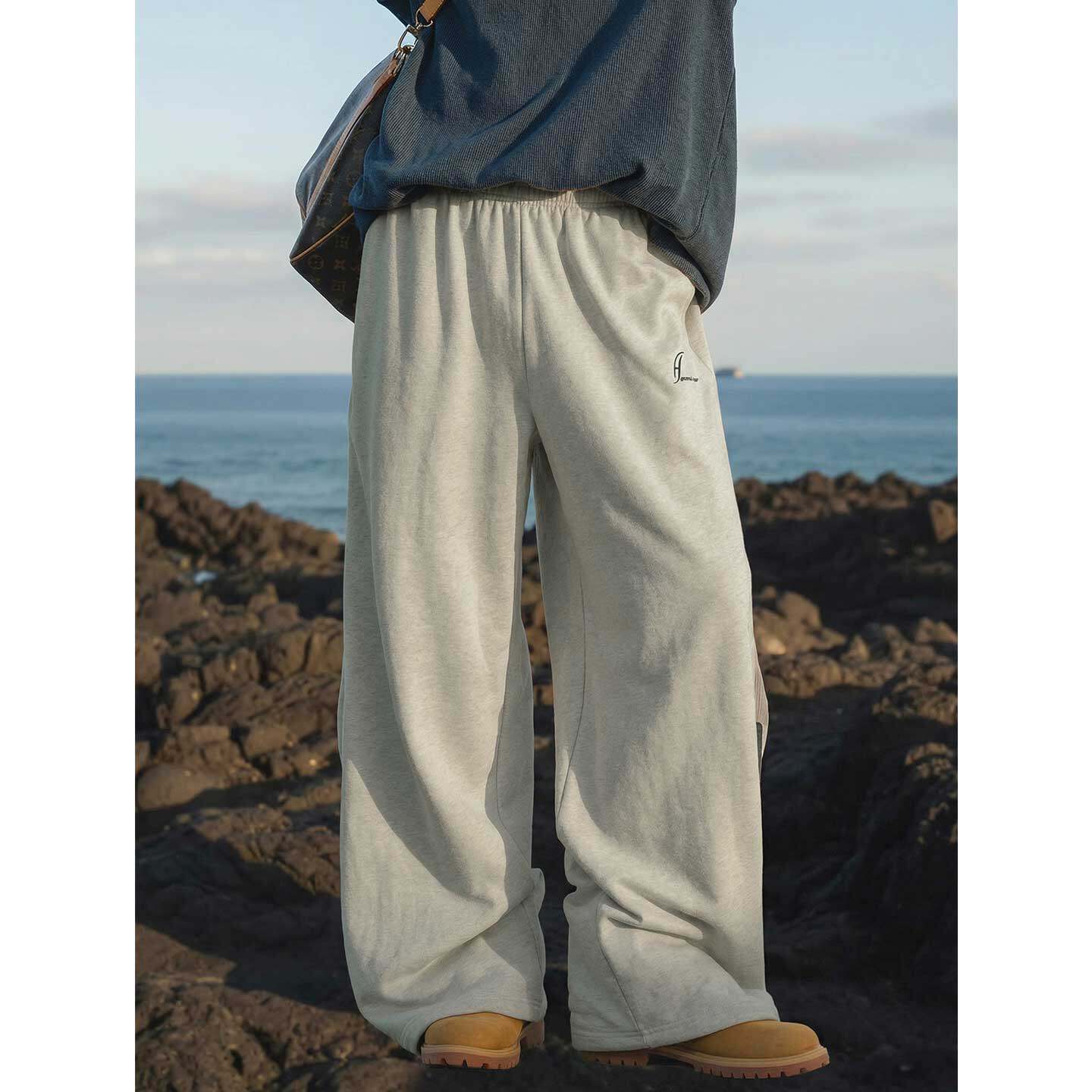 STA美式复古休闲灰色裤男宽松直筒撞色侧条纹抽绳长裤夏季卫裤潮