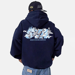 STA祥云线条龙国潮牌ins重磅宽松连帽卫衣男秋冬加绒情侣480G