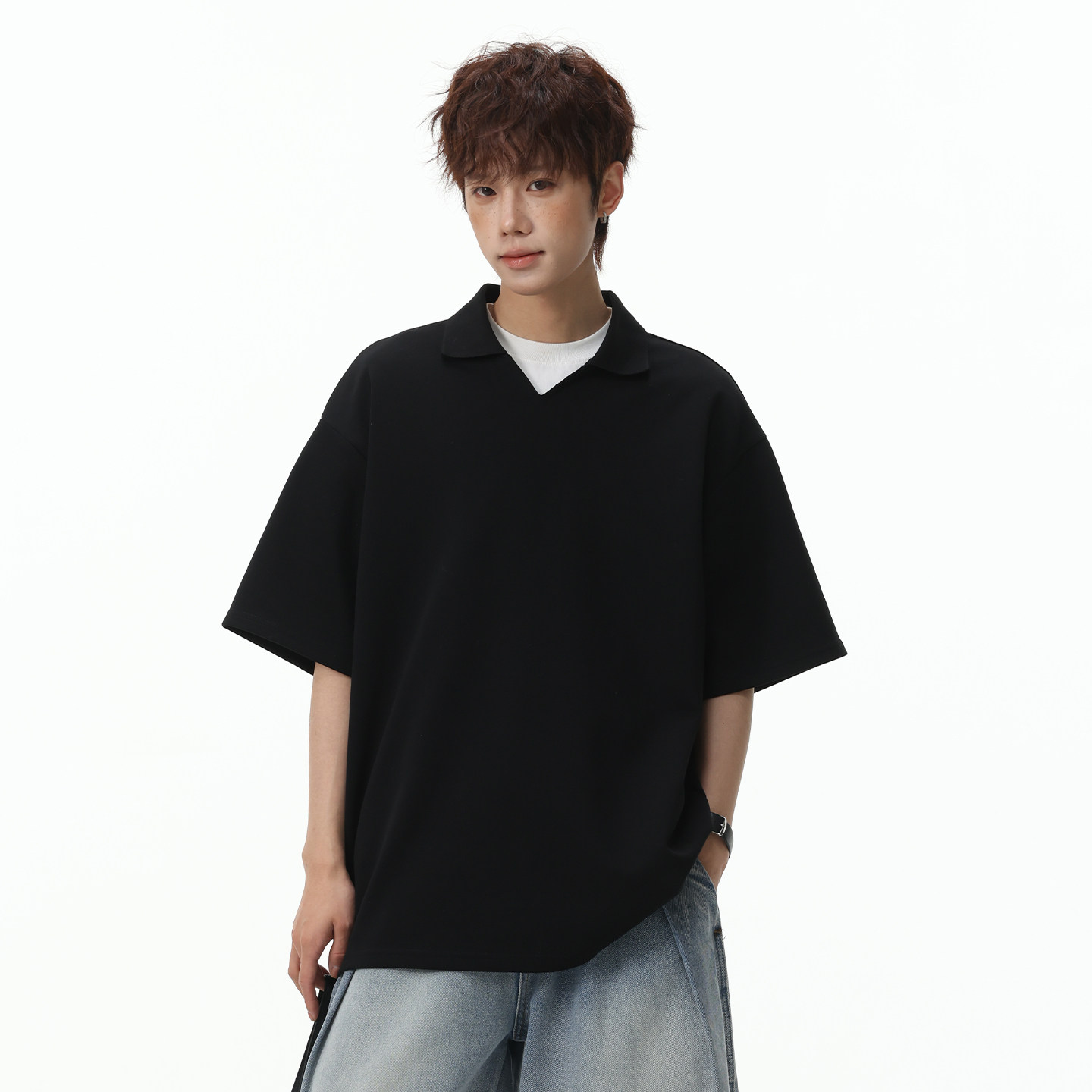 STA潮牌新款POLO衫短袖T恤男士宽松休闲V领套头黑色潮牌高街上衣