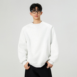 STA重磅春秋简约圆领卫衣男宽松百搭套头潮牌无帽长袖上衣白花灰