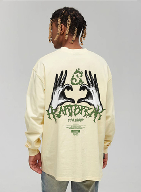 STA骨手美式长袖T恤冷火S印花重磅男宽松纯棉潮牌秋季情侣装休闲