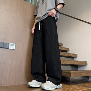 潮牌新款 STA美式 宽松直筒街头黑色长裤 男士 垂感弯刀阔腿休闲裤