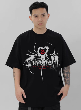 STA 国潮牌细角红S蜘蛛直喷美式重磅短袖男款流行休闲宽松情侣T恤