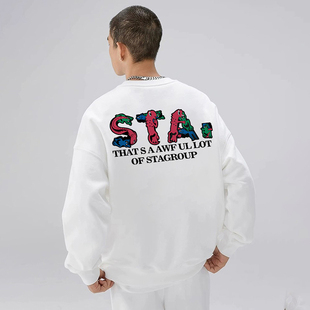 STA 美式潮牌趣味动物logo重磅加绒无帽卫衣男女宽松圆领上衣