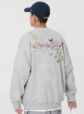 STA重磅潮流花灰色圆领卫衣男女宽松春秋百搭情侣装高街花卉外套
