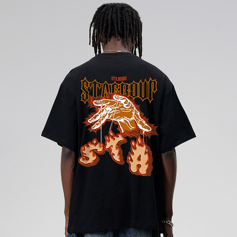 STA手指拉线火焰字短袖T恤男女