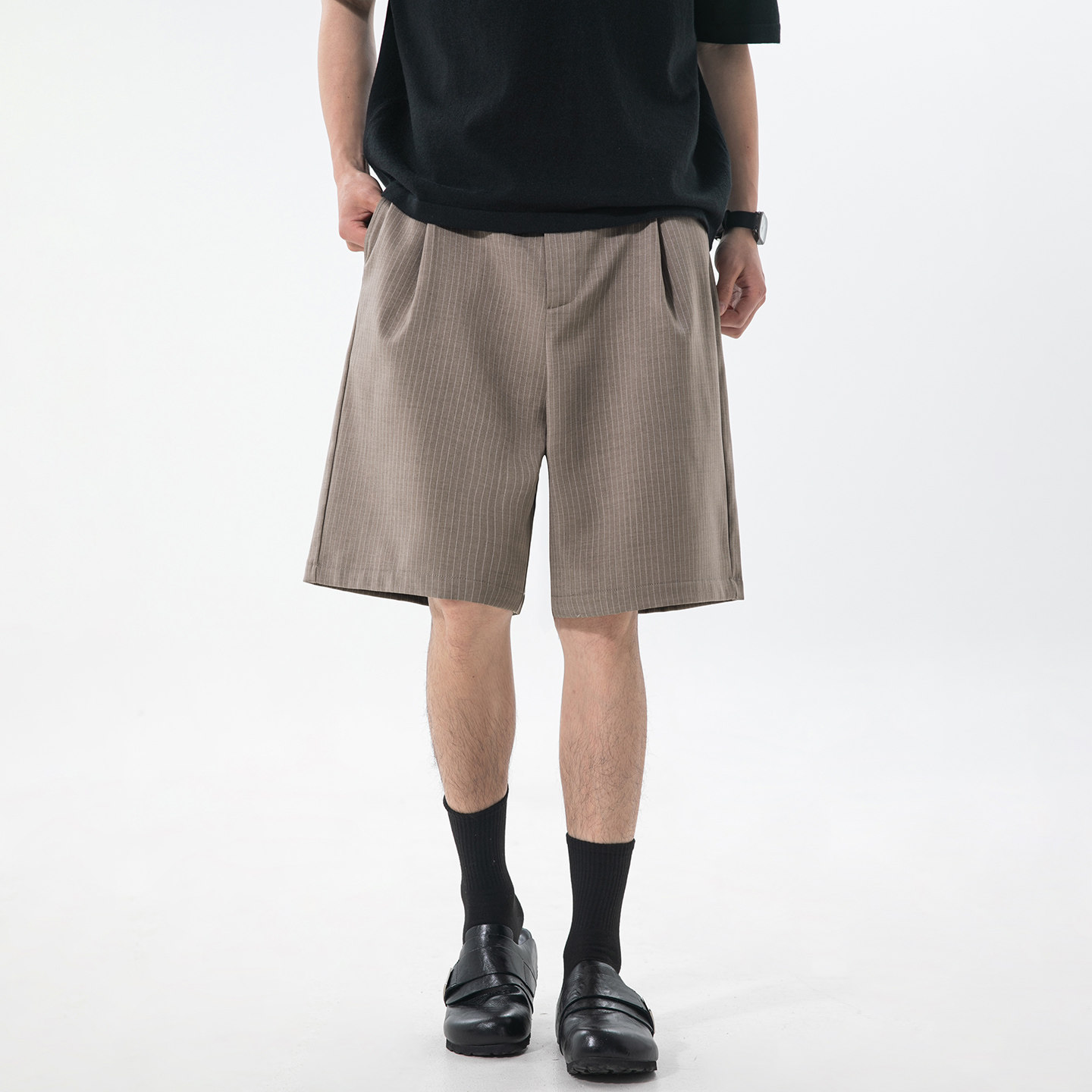 STA简约休闲条纹西装短裤男夏季宽松垂感工装阔腿竖条纹五分裤