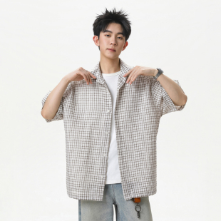 STA新款格纹翻领衬衫男夏日短袖宽松开衫休闲沙滩潮男时尚上衣